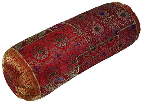Patchwork Nackenrolle, Sofakissen 50 cm aus Brokatstoff, rund, rot