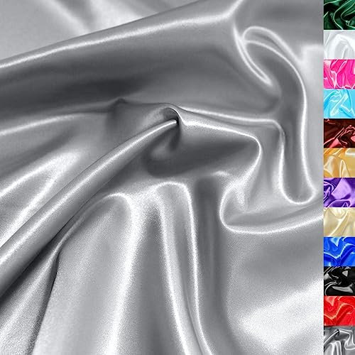 TOLKO 1m Glanz Satin Stoff Meterware als Modestoff Dekostoff Kostümstoff Gardinenstoff Vorhangstoff Hochzeitsstoff | Glitzer Satinstoffe zum Nähen Dekorieren | Nähstoffe 150cm breit (Silber)