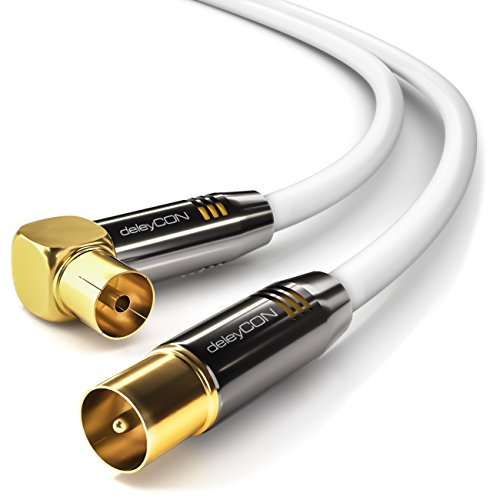 deleyCON 2m Cable de Antena TV HDTV Full HD - 1x en Ángulo Cable Coaxial Enchufe de TV (Recto) para Toma de TV (90° Grados) Tapón de Metal - Blanco