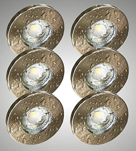 Trango 6er Set 6729IP-062MCOBSD LED Einbaustrahler IP44 aus Edelstahl gebürstet in Rund inkl. 6x 5 Watt 3 Stufen dimmbar LED Modul 3000K warmweiß Ultra flach für Bad, Außen, Deckenstrahler, Einbauspot