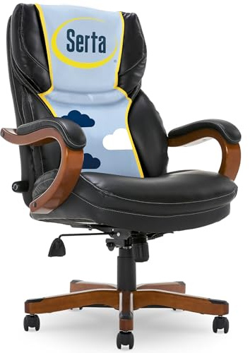 Serta Conway Big & Tall Chefsessel Bürostuhl, ergonomischer hoher Rücken mit Verstellbarer Lendenwirbelsäule, halbplüschigem Kissen und Körperkissen, gepolsterte Armlehnen, Drehfuß aus Holz