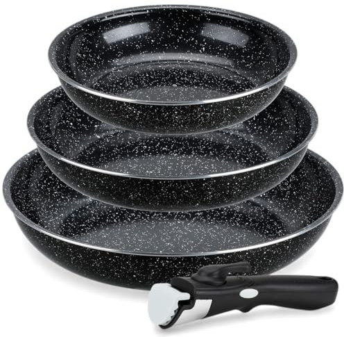 EliteHoff Pfannenset Induktion mit Abnehmbarem Griff, Bratpfanne Set 20/24/28 cm, AntihaftBeschichtung, 4-teiliges Induktionspfannen-Set für alle Herdarten geeignet, Schwarz