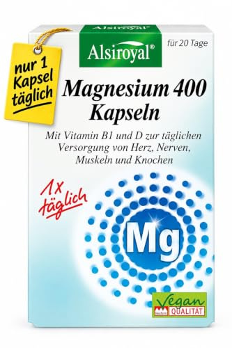 Alsiroyal Magnesium 400 (20 Kapseln) - Magnesium Komplex hochdosiert mit Vitamin B1 & D zur täglichen Versorgung von Herz, Nerven, Muskeln & Knochen - Nahrungsergänzungsmittel - vegan & zuckerfrei