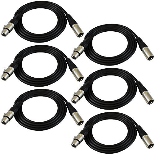 GLS Audio 6ft Patch Cable Cords - XLR Male To XLR Female Black Cables - 6' Balanced Snake Cord - 6 PACK