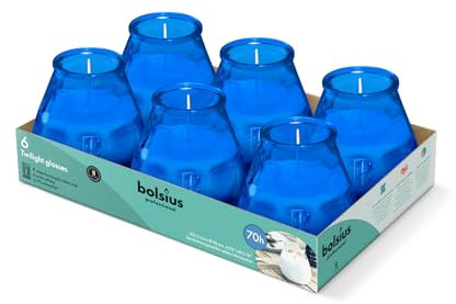 Bolsius – Outdoorkerzen - 6 Stück - Im Glass - Blau - Brenndauer 70 Stunden - Ohne Palmöl - sauberes Abbrennen - Baumwolldocht