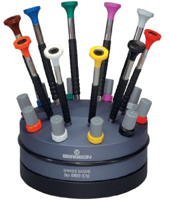 BERGEON 55-604 6899-S10 Support Rotatif avec 10 Tournevis ergonomiques et 10 Tubes avec Lames de Rechange Kit de réparation de Montre, Multicolore, Plats