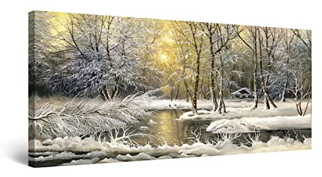 Startonight Cuadro Moderno en Lienzo Invierno en el Lago, Pintura Paisaje Para Salon Decoración 60 x 120 cm Decoración Pared, Idea de Regalo Elegante Efecto Día y Noche Luminoso