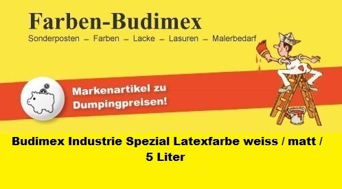 Budimex Industrie Spezial-Latexfarbe, weiss / matt / 5 Liter / Die ideale Wandfarbe für hoch beanspruchte Räume / Ideal für Räume in denen geraucht wird ! / Die gestrichene Oberfläche wird schmutzabweisend u. abwaschbar !