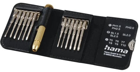 HAMA Kit minicacciaviti per PC, impugnatura in metallo, 3 teste piatte, 3 teste Philips, 3 teste Torx, custodia