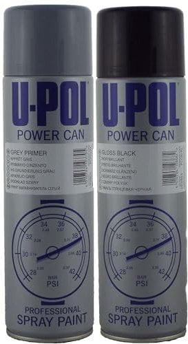 U-POL GLOSS BLACK - High gloss, durable top coat Paint & GREY PRIMER - High build primer/filler for uneven surfaces Aerosols - UPol Twin Pack 1 of each Can 500ml Aerosols