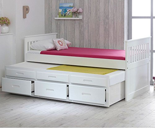 Happy Beds Captains Wooden White Pine Guest Bed Drawers Furniture with 2x Flex 1000 Orthopaedic Mattresses 3' Single 90 x 190 cm