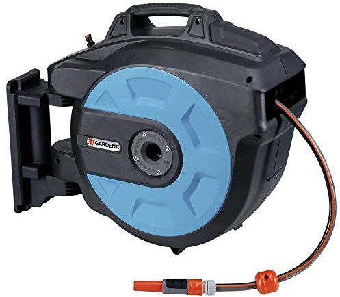Gardena Wand-Schlauchbox 35 roll-up automatic: Schwenkbare Schlauchtrommel, 35 m Gardena Qualitätsschlauch, kurze Arretierstops, inkl. Wandhalterung, Systemteilen und Spritze (8024-20)