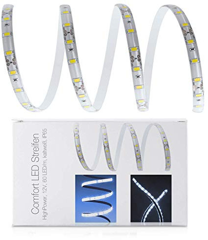 5 Meter Kaltweißer High Power LED Streifen (60 x 5630 SMD Led/m, 1800lm/m, IP65, 12V) - DC Buchse 5,5mm | 2,1mm