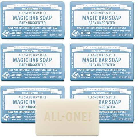 Dr. Bronner's Pure-Castile Bar Soap - Baby Unscented, 5 oz (6 Pack) | Moisturizing Body, Face & Hand Wash for Gentle Skin - Smooth Rich Lather - Vegan & Non-GMO - Natural & Organic Certified Oils
