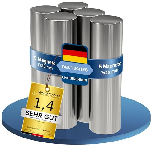 5 Stück Neodym Power Magnet silber- Stabmagnet extra stark lang - Stab Durchmesser 7x25 mm lang - Haftkraft ca. 2,8 kg - Magnete für Whiteboard, Pinnwand, Magnettafel, Werkstatt