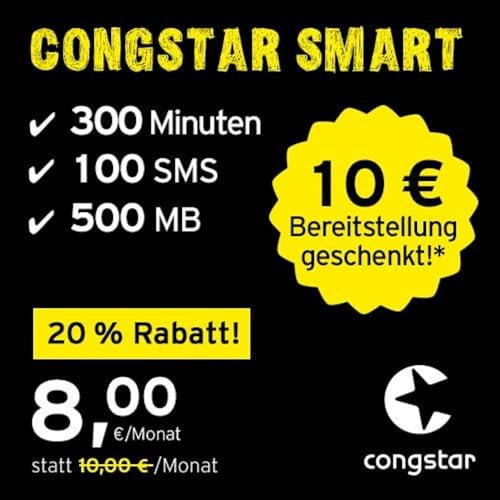 congstar Smart Tarif [SIM, Micro-SIM und Nano-SIM] 24 Monate Laufzeit (8,00 Euro/Monat, 500 MB Datenflat mit max. 21 Mbit/s, monatlich 300 Minuten und 100 SMS) in bester D-Netz-Qualität