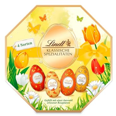 Lindt Schokolade Klassische Spezialitäten Eier | 144 g | Vollmilcheier mit und ohne Alkohol (Marc de Champagne, Nougat, Cresta, Vanille Trüffel) | Oster Schokolade | Schokoladengeschenk | Ostereier