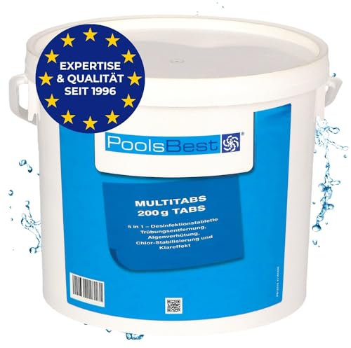 PoolsBest 5kg Chlor Multitabs 5 in 1 I 200g Chlortabletten für Pool I langsamlösliche Chlortabs für die Poolpflege I Langzeit Tabs als Pool Reinungsmittel zur Desinfektion I Pool Zubehör