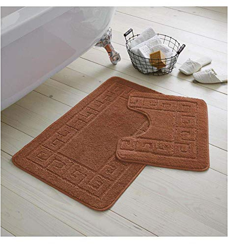 De Lavish Bath Mat Set 2 Piece Non Slip Rubber Pedestal and Bath Mat Set Toilet Greek Bathroom Rug New (Terracota)