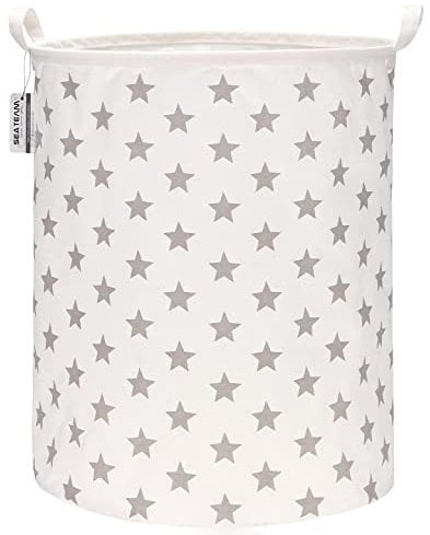Sea Team 19.7 Inch Large Sized Waterproof Coating Ramie Cotton Fabric Folding Laundry Hamper Bucket Cylindric Burlap Canvas Storage Basket with Stylish Grey Stars Design