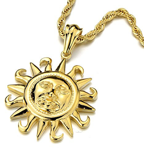 COOLSTEELANDBEYOND Stile Vintage, Ciondolo Sole Oro, Unisex Collana con Pendente da Uomo Donna, Acciaio Inossidabile, Catena Corda 56CM