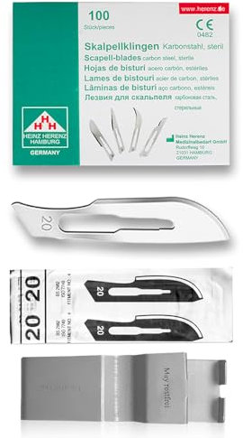 May Skalpellklingen Figur 20 (100 Stück) für Halter Nr. 4 – Sterile Einwegklingen aus Karbonstahl, extrem scharf - inkl. Klingenabzieher
