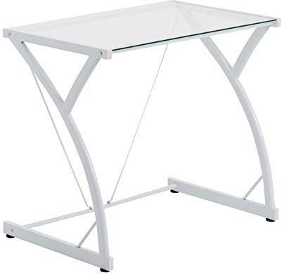 Harbour Housewares Bureau d'ordinateur avec plateau en verre - Cadre en métal blanc, station de travail moderne pour PC, table en verre, ordinateur portable, bureau pour la maison, l'étude, le bureau