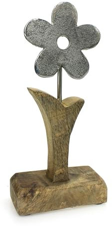 TEMPELWELT® Deko Figur Blume 22 cm, Aluminium Metall Blüte Silber mit Mango Holz massiv Natur, Holzdekoration Blümchen Aufsteller Frühling Ostern Sommer