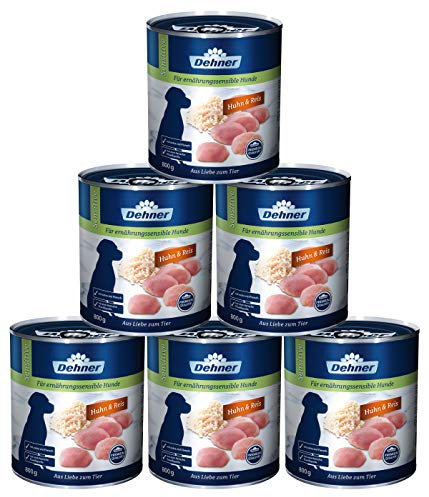 Dehner Premium Hundefutter Sensitive, Nassfutter zuckerfrei / getreidefrei, für ausgewachsene ernährugssensible Hunde, Huhn / Reis, 6 x 800 g Dose (4.8 kg)