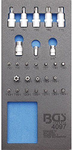 BGS 4097 | Werkstattwageneinlage 1/3 | Bit-/Bit-Einsatz-Sortiment | 27-tlg. | T-Profil (für Torx) | T-Profil (für Torx) mit Bohrung | Bit-Adapter | Chrom-Vanadium-Stahl