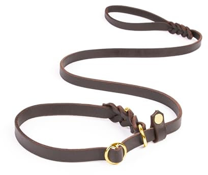 CopcoPet Retrieverleine mit Zugstopp für mittelgroße Hunde – 1,60m x 12mm Moxonleine in Braun – Fettlederleine & Agilityleine aus Leder – stufenlos verstellbar, Handarbeit, Messing, wetterfest
