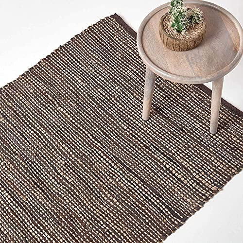 Homescapes Teppich Madras braun 90x150 cm – handgewebter Teppich aus Hanf & Recycling-Leder, Flachgewebe im Streifen-Design