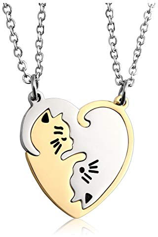 PiercingJ - 2PCS Bijoux Collier Pendentif Puzzle Coeur Separable Detachable Chat Acier Inoxydable Amitié Amoureux Couple avec 2 Chaines(Argnet)
