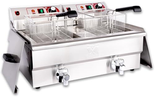 Beeketal 'BWF-132P' Profi Gastronomie Doppel Kaltzonen Fritteuse (2 x 13 Liter Volumen für max. 2 x 8,5 Liter Öl) Edelstahl Gastro Imbiss Friteuse mit Doppelheizspirale und Fettablaufhahn