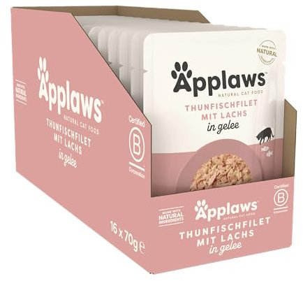 Applaws Comida para gatos en sobre de 70 g, Atún Entero con Salmón en Gelatina - Paquete de 16 sobres de 70 g