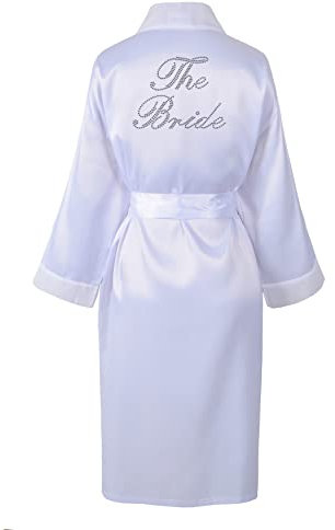 CrystalsRus Blanc Varsany Peignoirs en Satin La Mariée Strass Jour de Mariage Robe de Chambre Lune de Miel Personnalisée