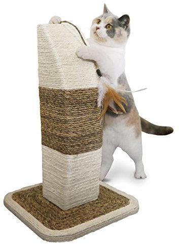 Rimini Cat Scratching Post, Seagrass and Sisal, 49cm Tall, 31cm Wide & Deep, Durable with Unique Shape, Includes Hanging Feather Toy for Engaging Play, Stylish & Functional
