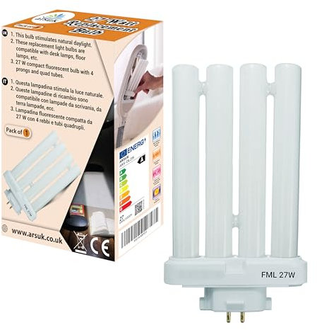 ARSUK Bombilla Fluorescente de 27W Luz Día para Lámparas de Estudio, GX10Q-4 – CFL de 4 Pines, 6500K Blanco – Tubo Fluorescente de Bajo Consumo de Reemplazo para Escritorio y Lámparas de Lectura