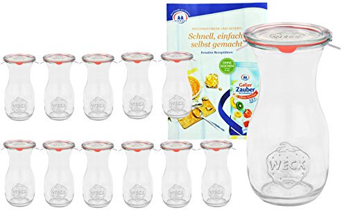 Weck MamboCat 12er Set Weckgläser 290 ml Saftflaschen mit Deckel Einkochring Klammern I Original Glasflasche Einweckflaschen für Säfte Saucen Öle UVM I inkl. Diamant-Zucker Gelierzauber Rezeptheft