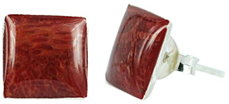 Chic-Net Koralle Ohrstecker Bambookoralle quadratisch 925er Sterling Silber eingefasst rot Silberohrstecker