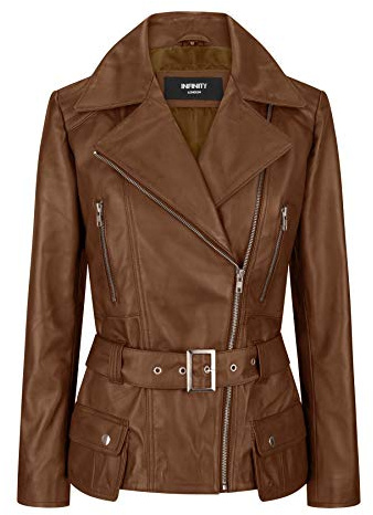 Ladies Women Brown Real Leather Smart Style Belted Fitted Jacket - tan M