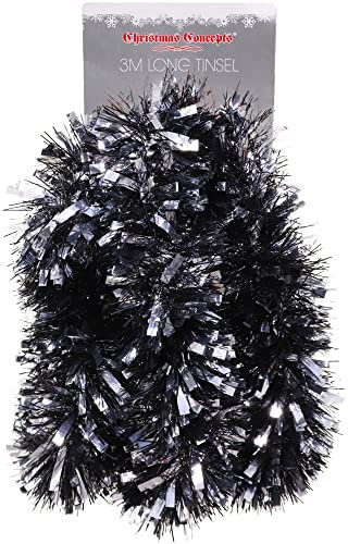 Christmas Concepts® 3m / 9.8ft Chunky/Fine Christmas Tinsel - Christmas Decoration Tinsel (Black & Silver)