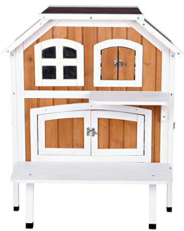 Trixie 'Welcome' Outdoor Cat House, Elevated-Weatherproof 2-Story Cat Home, Hinged Roof, Large Access Door, Indoor/Outdoor Shelter for Cats, Brown/White Fir Wood