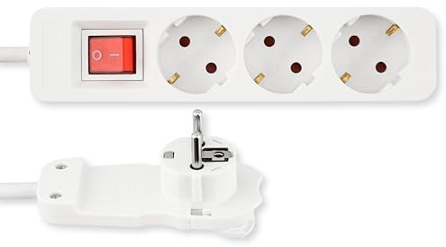 REV Steckdosenleiste SMART - Mehrfachsteckdose 3-Fach mit Flachstecker & beleuchtetem Schalter zum Stromsparen, Kabel 2m, max. 3680W, weiß