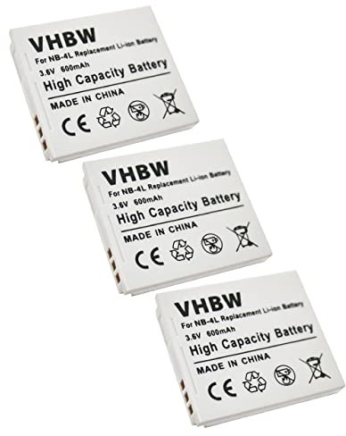 vhbw 3X Akku kompatibel mit Canon Digital Ixus 220HS, 100 is, 110 is, 120 is, 130, 115 HS, 117 HS, 230HS Kamera (600 mAh, 3,6 V, Li-Ion)