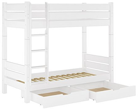 Erst-Holz Etagenbett für Erwachsene Kiefer weiß 100x200 teilbar 2 Rollroste Bettkästen 60.16-10WT100S2