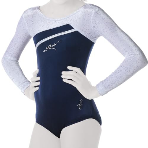 Fischer 8035 Schöner Gymnastikanzug mit Glitzerstreifen und Glitzerstoff Samt, Ökotex 100 zertifiziert, Größe: 152, Farbe: marine-blau