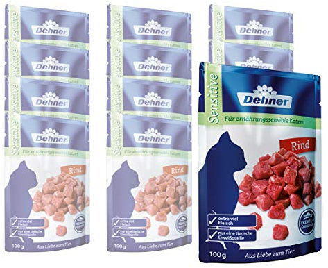 Dehner Premium Katzenfutter Adult, Sensitive, Rind im Beutel, 12 x 100 g (1.2 kg)