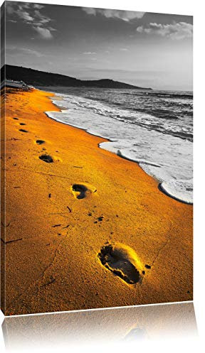 Pixxprint Spuren Im Sand am weiten Meer B&W, Größe: 80x60cm, Leinwandbild, fertig gespannt, Wandbild, Dekoration, Kunstdruck, kein Poster