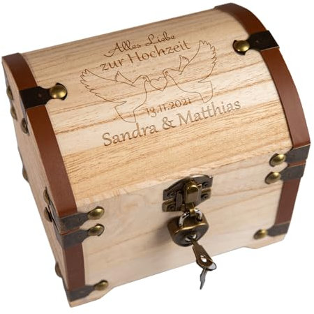 Personalisierte Schatztruhe Hochzeit | Hochzeitsgeschenke für Brautpaar Geld | Geldgeschenke Verpackung Geldscheine Münzen | Schatzkiste Spardose Holzkiste | Hölzerne Hochzeit Geschenk | Tauben